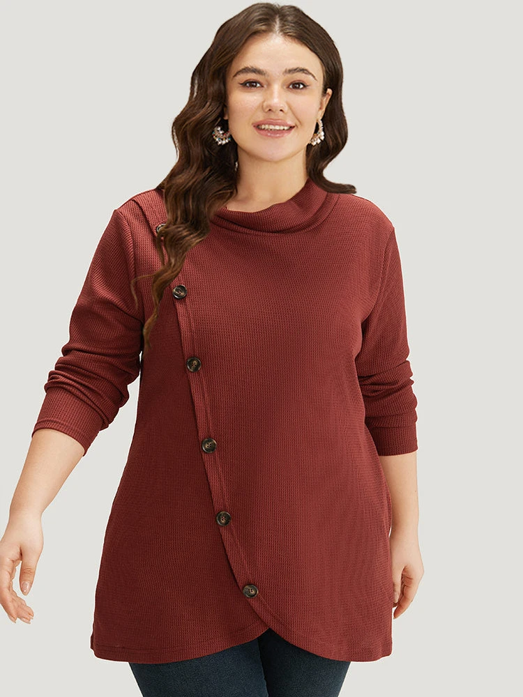 Rib Knit Mock Neck Wrap Pocket Button Detail Sweatshirt 5 Rib Knit Mock Neck Wrap Pocket Button Detail Sweatshirt - Image 3