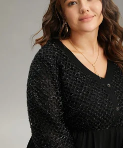 Glitter Mesh Patchwork Lantern Sleeve Blouse -Clothing Shop 697476570 og