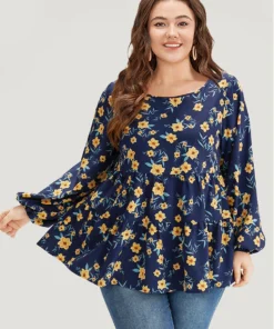 Floral Print Lantern Sleeve Gathered Blouse