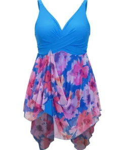 Floral Patchwork Hanky Hem Crossover V Neck Swim Dress -Clothing Shop 69849541 rd