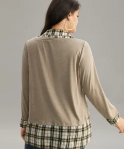 Plaid Patchwork Shirt Collar Curved Hem T-shirt 8 Plaid Patchwork Shirt Collar Curved Hem T-shirt -Clothing Shop 698514907 yp