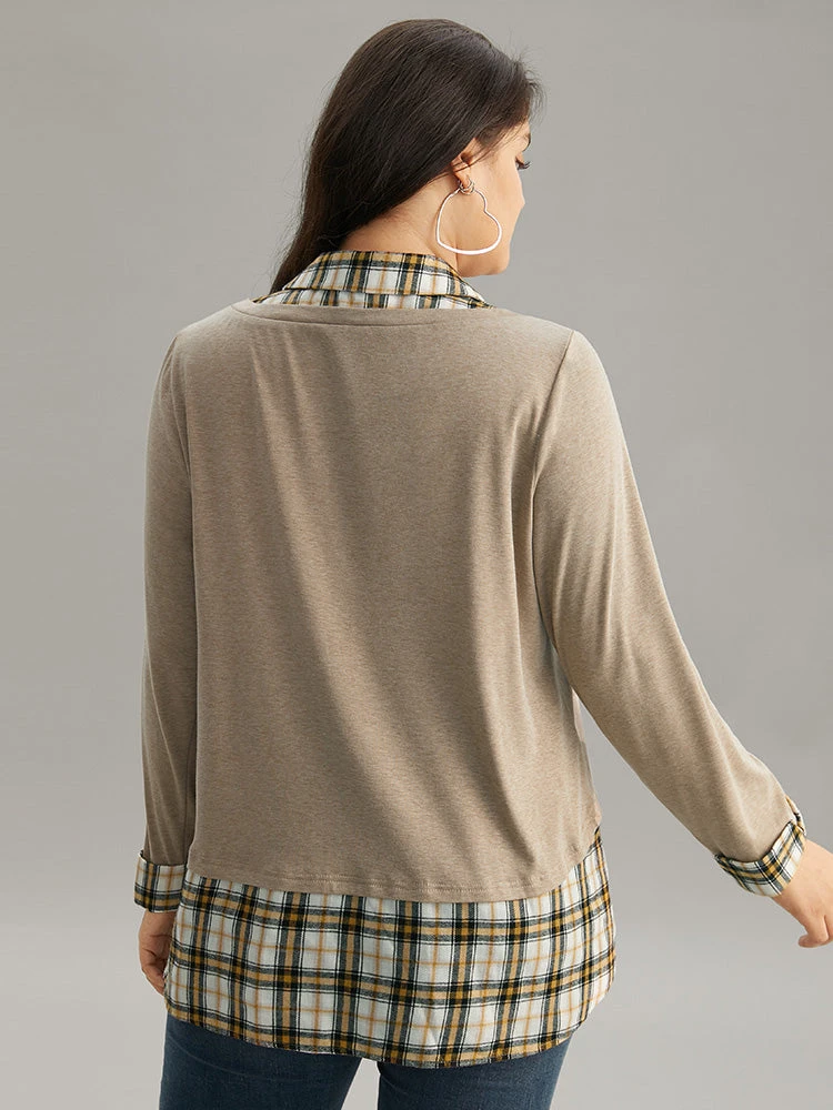 Plaid Patchwork Shirt Collar Curved Hem T-shirt 4 Plaid Patchwork Shirt Collar Curved Hem T-shirt - Image 2