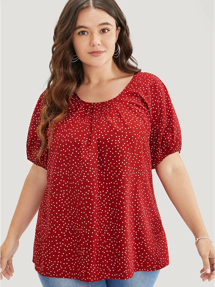 Polka Dot Pleated Round Neck Puff Sleeve Blouse 3 Polka Dot Pleated Round Neck Puff Sleeve Blouse