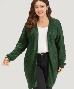 Plain Geometric Eyelet Cable Knit Tunic Cardigan