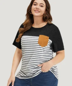 Striped Patchwork Round Neck Patched Pocket T-shirt 35 Striped Patchwork Round Neck Patched Pocket T-shirt -Clothing Shop 700233306 mq 542fae1f 79eb 40ee 8370 eec1c23b6b88