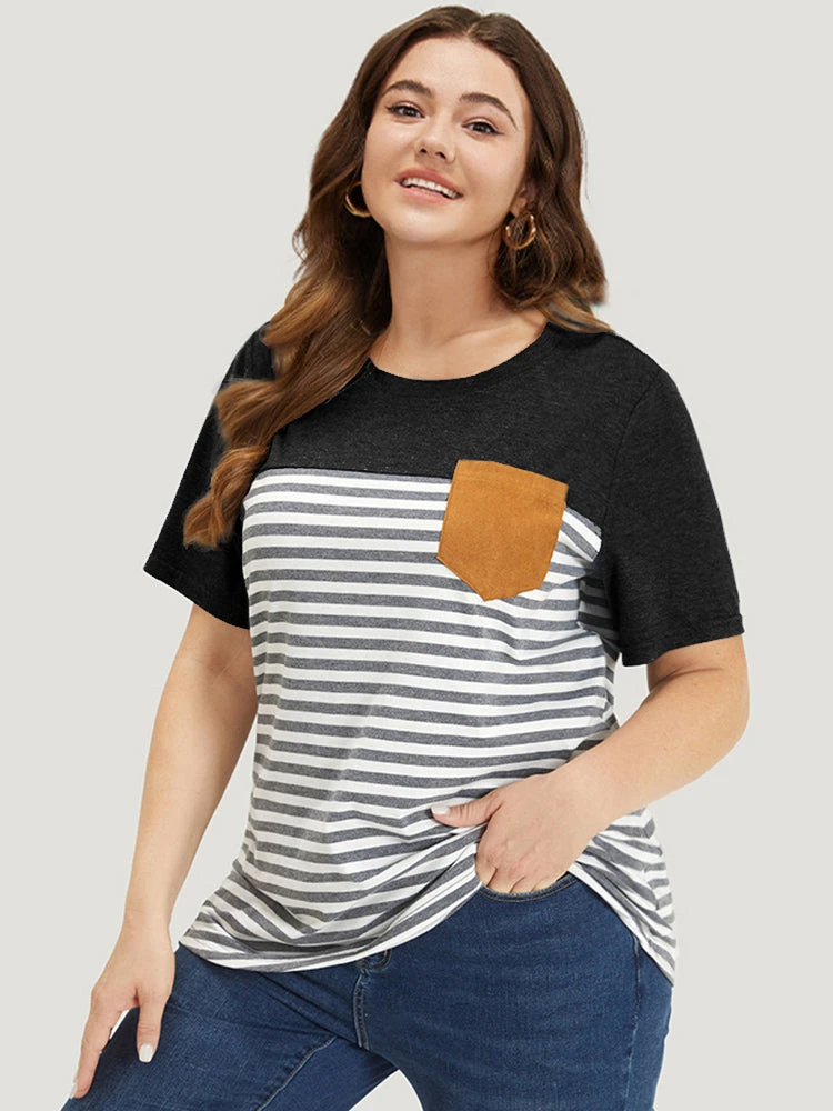 Striped Patchwork Round Neck Patched Pocket T-shirt 16 Striped Patchwork Round Neck Patched Pocket T-shirt - Image 14