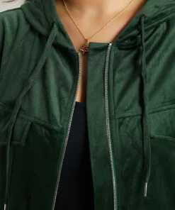 Velvet Zipper Pocket Drawstring Hooded Jacket -Clothing Shop 700281702 kv