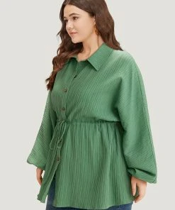 Plain Shirt Collar Drawstring Button Through Lantern Sleeve Coat -Clothing Shop 70069046 xy