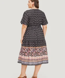 Boho Print Contrast Gathered Pocket Ruffles Dress -Clothing Shop 70071262 tk