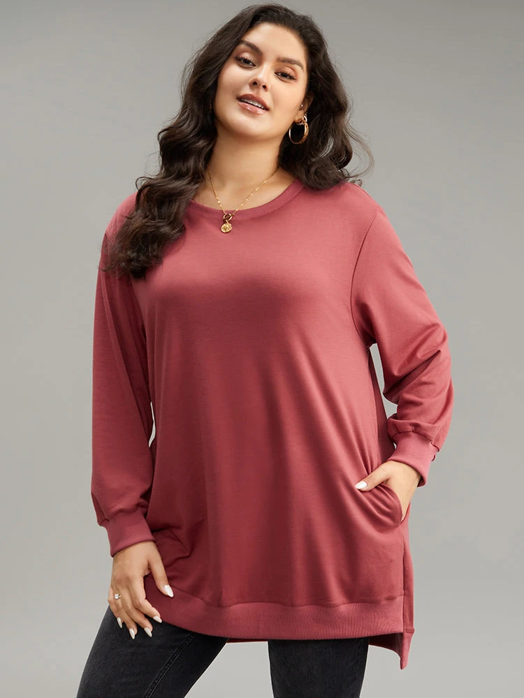 Solid Rib Knit Hem High Low Hem Sweatshirt 3 Solid Rib Knit Hem High Low Hem Sweatshirt