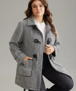Duffle Button Zipper Pocket Tweed Coat