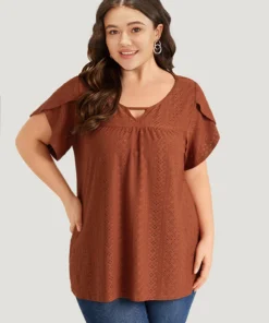 Plain Geometric Eyelet Keyhole Petal Sleeve T-shirt -Clothing Shop 702251093 lo e40c6d39 6968 4da3 820c 6e1e0b798dae