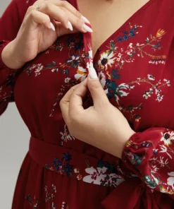 Floral Print Belted Split Surplice Neck Dress -Clothing Shop 702290395 uc