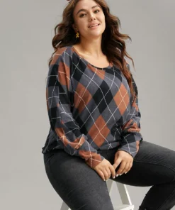 Plaid Contrast Round Neck Dolman Sleeve T-shirt -Clothing Shop 70238041 uq