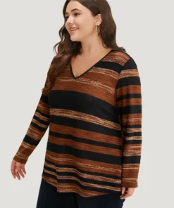 Striped Contrast V Neck T-shirt -Clothing Shop 703487694 sz