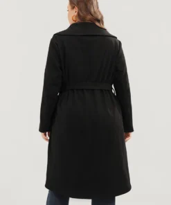 Solid Lapel Collar Pocket Belted Open Front Coat -Clothing Shop 703517450 bn