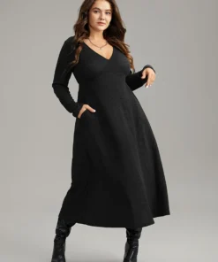 Solid Textured V Neck Pocket Dress -Clothing Shop 703546255 kg