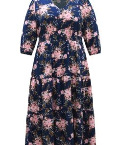 Floral Print Shirred Elastic Cuffs Dress -Clothing Shop 703560929 ak
