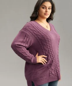 Solid Cable Knit V Neck Split Side Pullover -Clothing Shop 70370609 ib