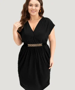 Plain Wrap Gathered Curved Hem Metal Detail Belted Dress -Clothing Shop 703726398 ry