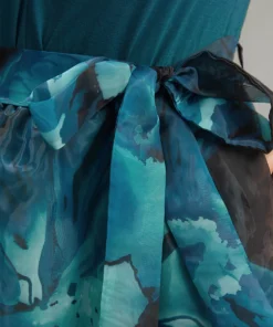 Floral Square Neck Mesh Patchwork Belted Ruched Dress -Clothing Shop 703973796 mk