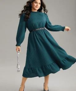 Plain Texture Elastic Waist Frill Trim Shirred Dress