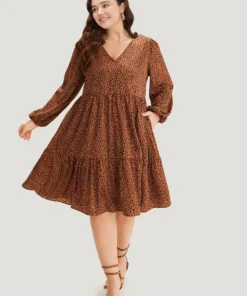 Leopard Lantern Sleeve V Neck Pocket Dress -Clothing Shop 704612455 gr