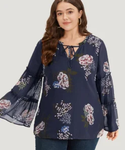 Floral Print Knot Neck Frill Trim Mesh Bell Sleeve Blouse -Clothing Shop 705245477 fz b291b5fc ddc3 4a2a b573 dbac02eb3ad6