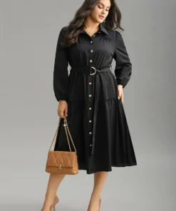Anti-Wrinkle Shirt Collar Belted Metal Detail Dress