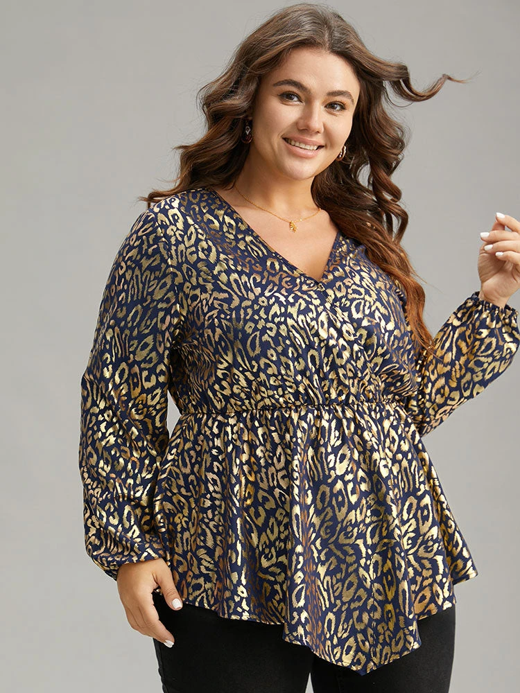 Glitter Leopard Wrap Elastic Waist Lantern Sleeve Blouse 5 Glitter Leopard Wrap Elastic Waist Lantern Sleeve Blouse - Image 3