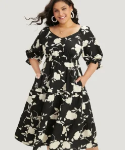 Silhouette Floral Print Gathered Pocket Shirred Dress