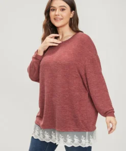 Solid Round Neck Lace Hem Long Tee -Clothing Shop 70647497 yv