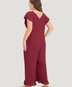 Plain Ruffle Cap Sleeve V Neck Zipper Jumpsuit 14 Plain Ruffle Cap Sleeve V Neck Zipper Jumpsuit -Clothing Shop 706910820 rr