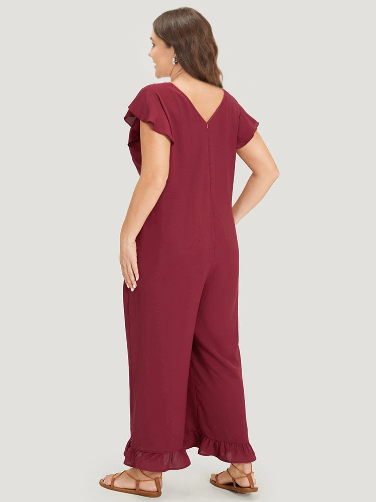 Plain Ruffle Cap Sleeve V Neck Zipper Jumpsuit 5 Plain Ruffle Cap Sleeve V Neck Zipper Jumpsuit - Image 3