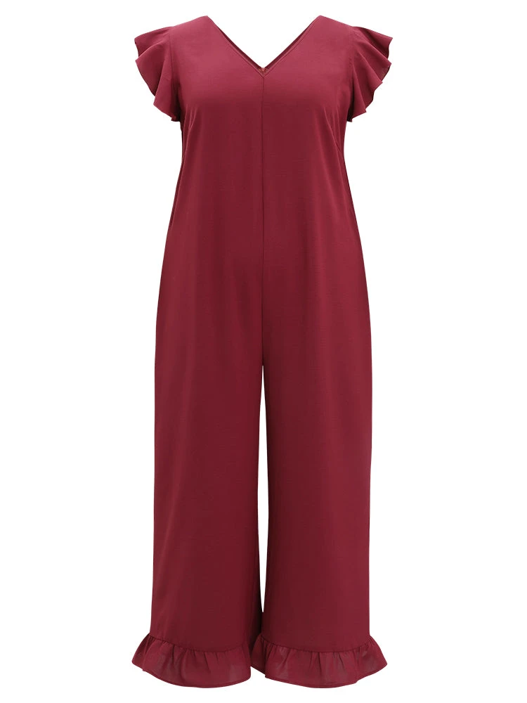 Plain Ruffle Cap Sleeve V Neck Zipper Jumpsuit 12 Plain Ruffle Cap Sleeve V Neck Zipper Jumpsuit - Image 10