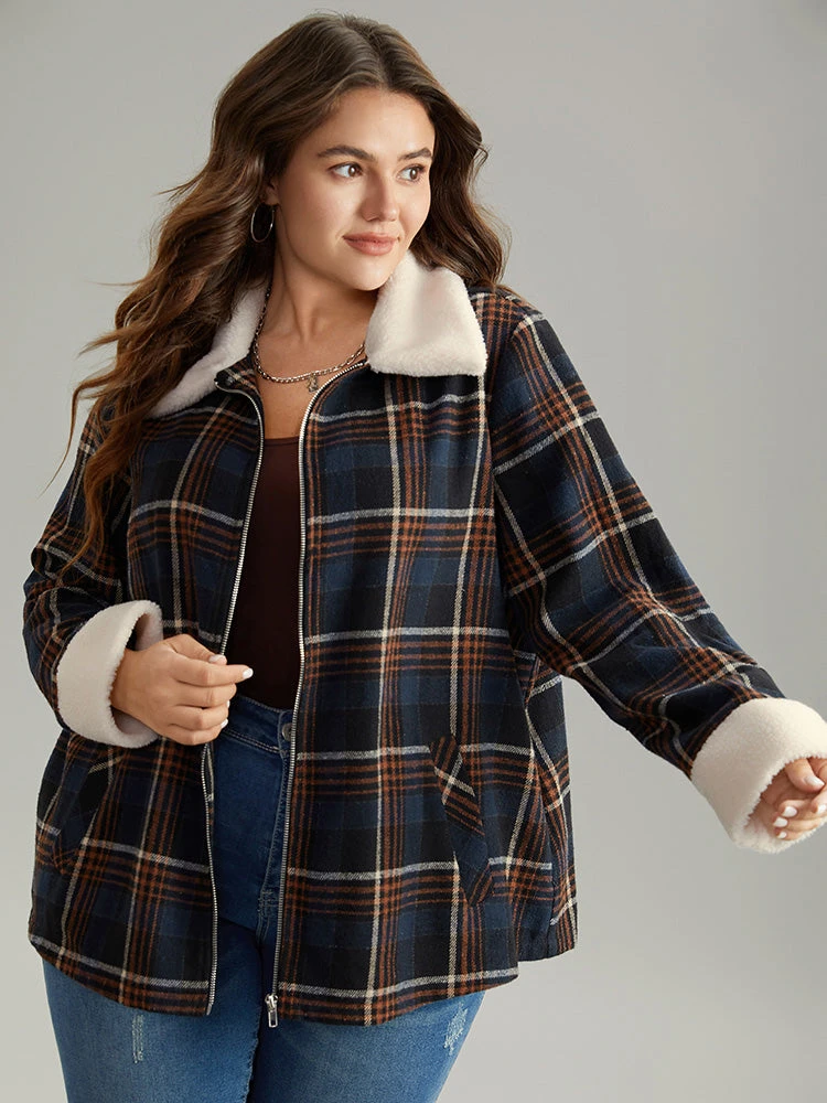 Plaid Fuzzy Trim Pocket Zipper Fly Jacket 7 Plaid Fuzzy Trim Pocket Zipper Fly Jacket - Image 5