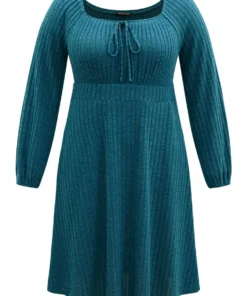 Rib Knit Ties Square Neck Lantern Sleeve Dress -Clothing Shop 707675384 yw