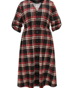 Plaid Notched Elastic Waist Tab Sleeve Dress -Clothing Shop 708088904 pn