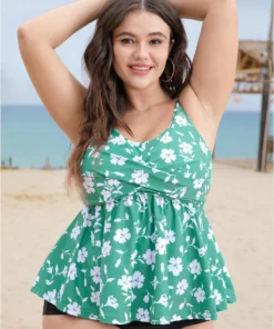 Crossover Adjustable Straps Ruffle Hem Floral Print Tankini Top -Clothing Shop 70819957 qn