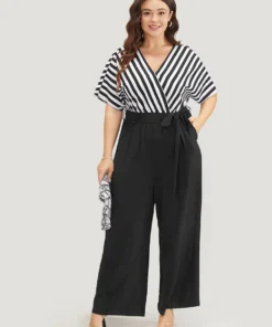 Striped Patchwork Pocket Batwing Sleeve Belted Wrap Jumpsuit 26 Striped Patchwork Pocket Batwing Sleeve Belted Wrap Jumpsuit -Clothing Shop 7106063 zm