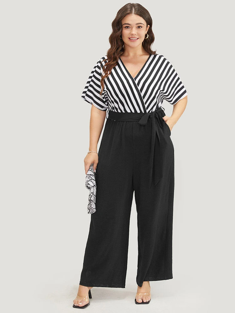 Striped Patchwork Pocket Batwing Sleeve Belted Wrap Jumpsuit 7 Striped Patchwork Pocket Batwing Sleeve Belted Wrap Jumpsuit - Image 5