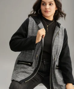 Houndstooth Patchwork Zipper Drawstring Coat -Clothing Shop 710767955 cg