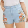 High Rise Light Wash Floral Embroidered Denim Shorts -Clothing Shop 710812544 rf
