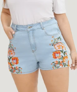 High Rise Light Wash Floral Embroidered Denim Shorts