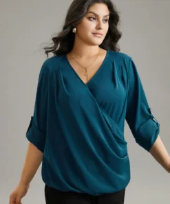 Solid Crossover Roll Tab Sleeve Blouse