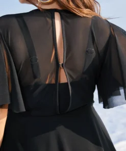 Solid Mesh Patchwork Ruffle Sleeve Swim Dress -Clothing Shop 711997182 sx