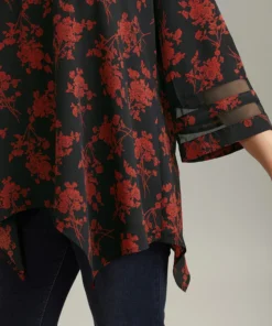 Silhouette Floral Print Patchwork Mesh Hanky Hem Blouse -Clothing Shop 7120428 hl