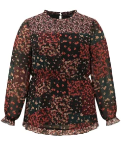 Ditsy Floral Shirred Patchwork Frill Trim Gathered Blouse -Clothing Shop 712523176 vy