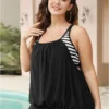 Striped Patchwork Gathered Crossover Back Tankini Top
