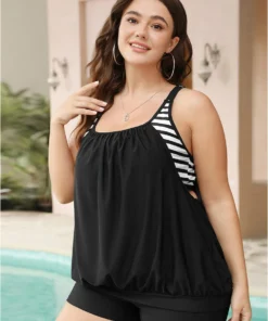 Striped Patchwork Gathered Crossover Back Tankini Top